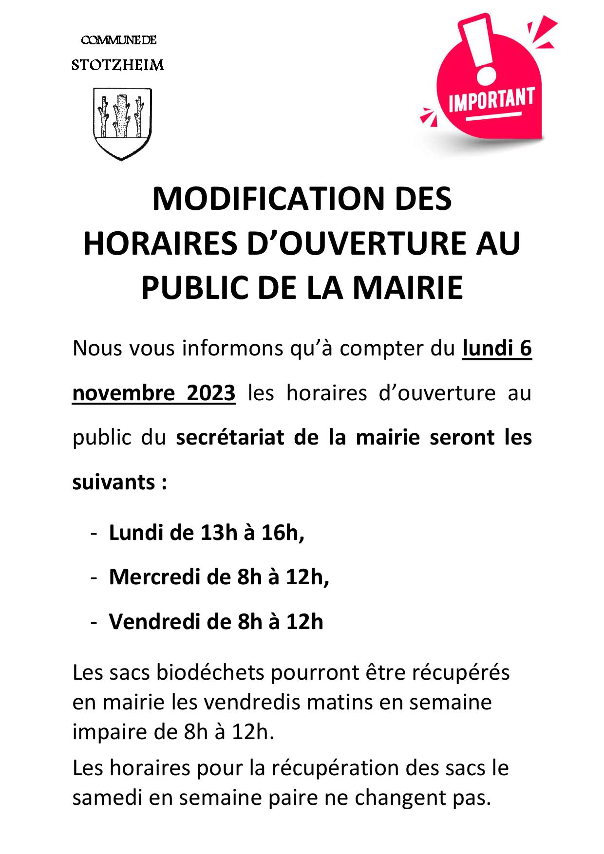 Modification Des Horaires D Ouverture Au Public De La Mairie Portail